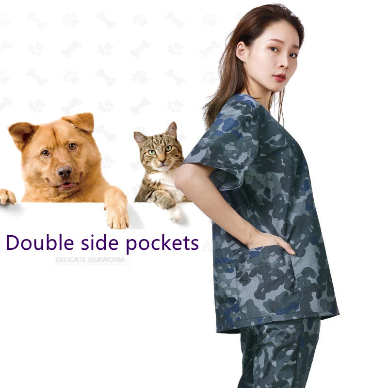 Dog Grooming Work Clothes Pet Shop Uniforms Pet Groomer Smock Camouflage Short Sleeve Top Waterproof Apron Anti Hair Pants