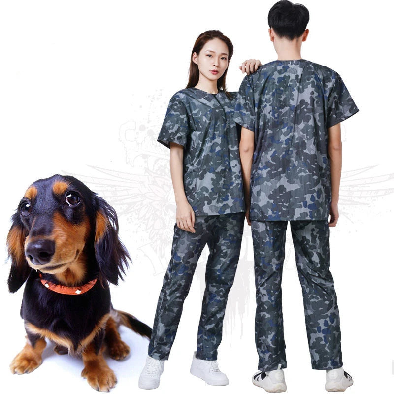 Dog Grooming Work Clothes Pet Shop Uniforms Pet Groomer Smock Camouflage Short Sleeve Top Waterproof Apron Anti Hair Pants