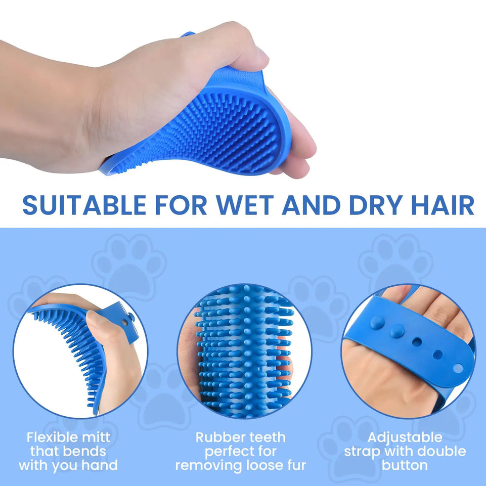 Dog Grooming Glove, Pet Bath Brush with Adjustable Ring Handle, Rubber Massage Grooming Comb for Short Haired Dogs Cats